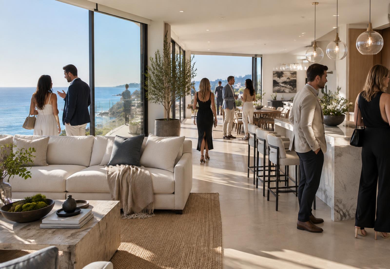 Prospective buyers touring a luxury coastal home