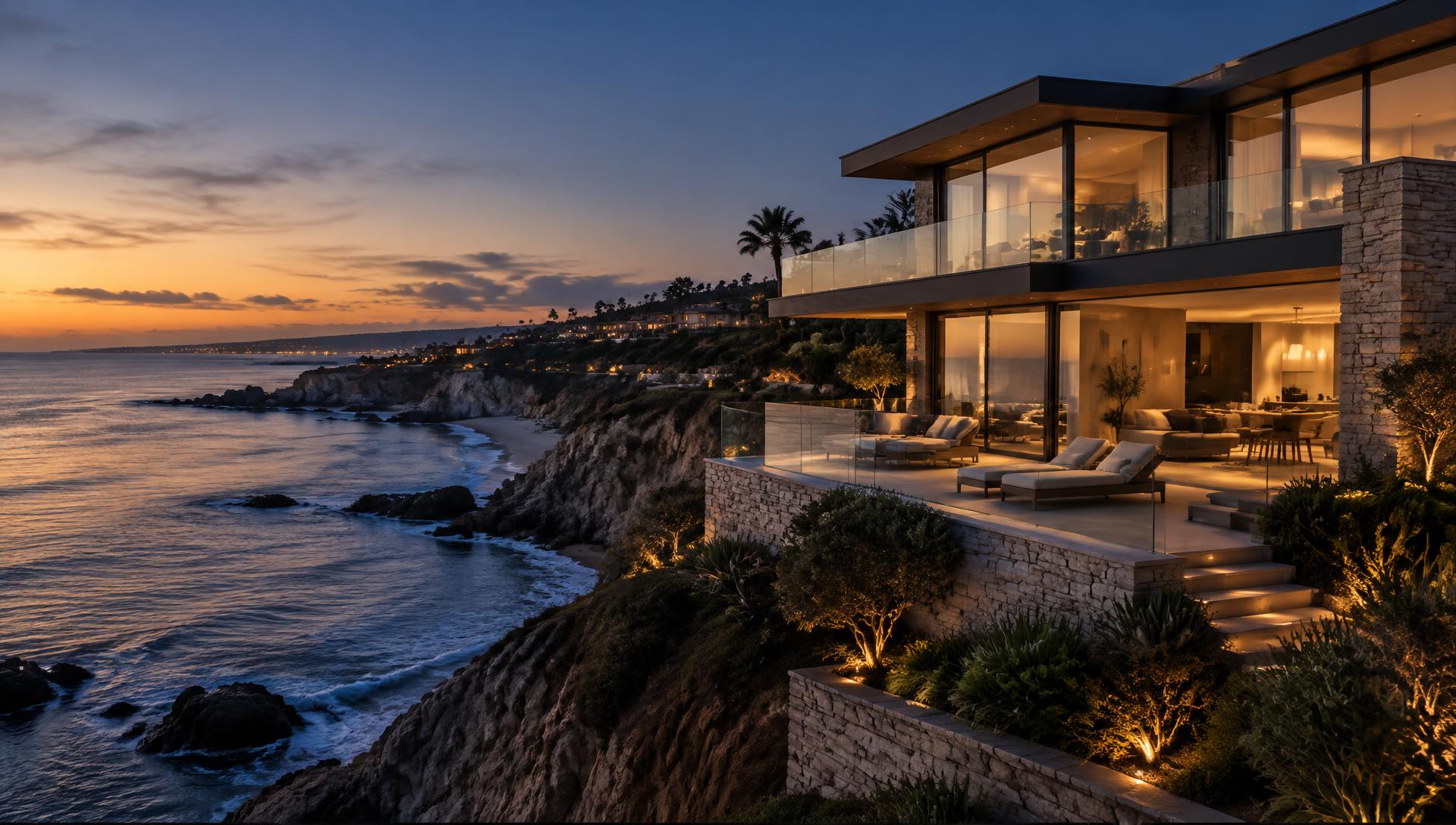 Oceanfront estate on the bluffs of Corona del Mar at dusk